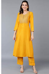 Yellow Silk Blend V Neck KurtI Set