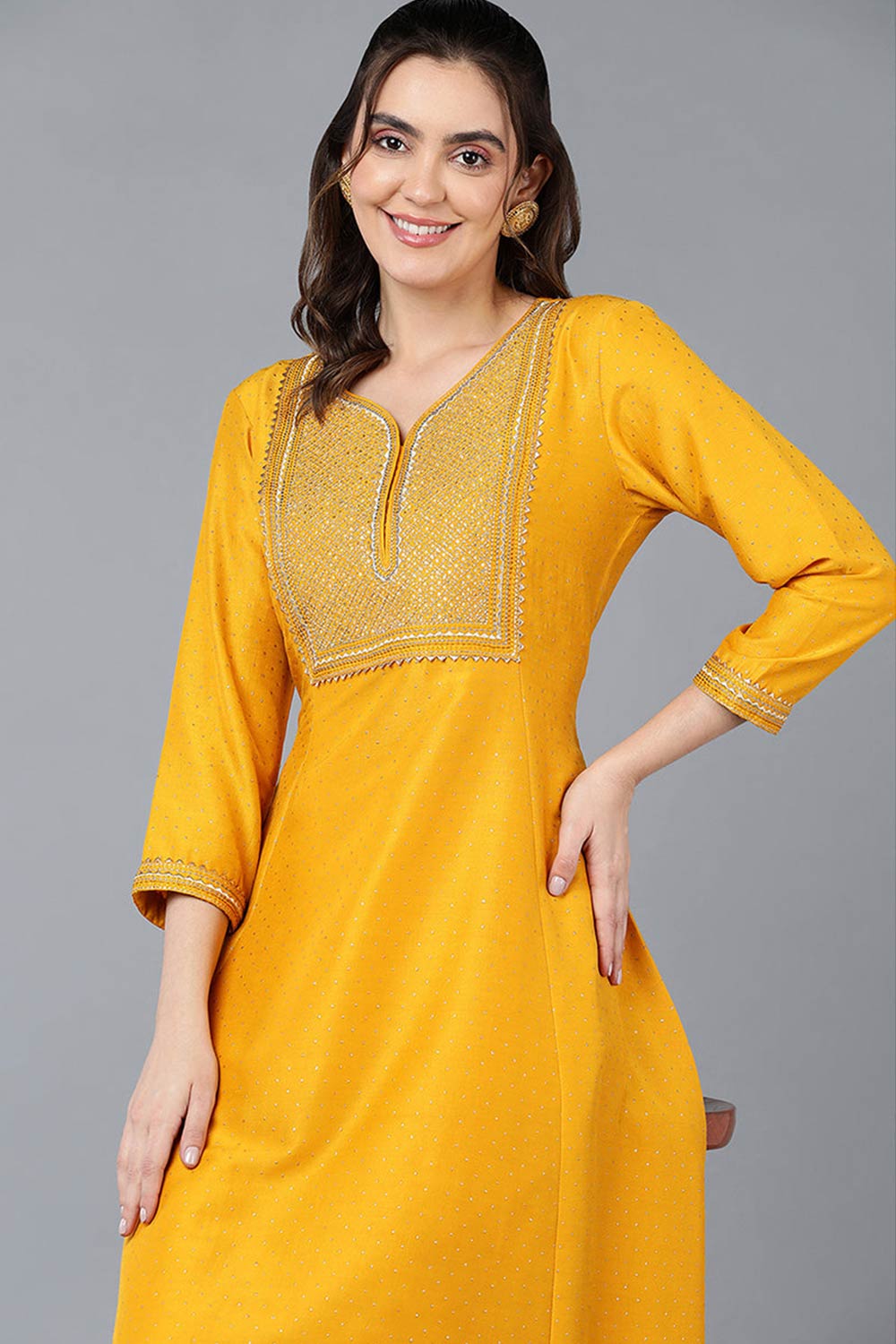 Yellow Silk Blend V Neck KurtI Set