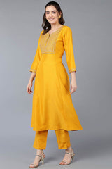 Yellow Silk Blend V Neck KurtI Set