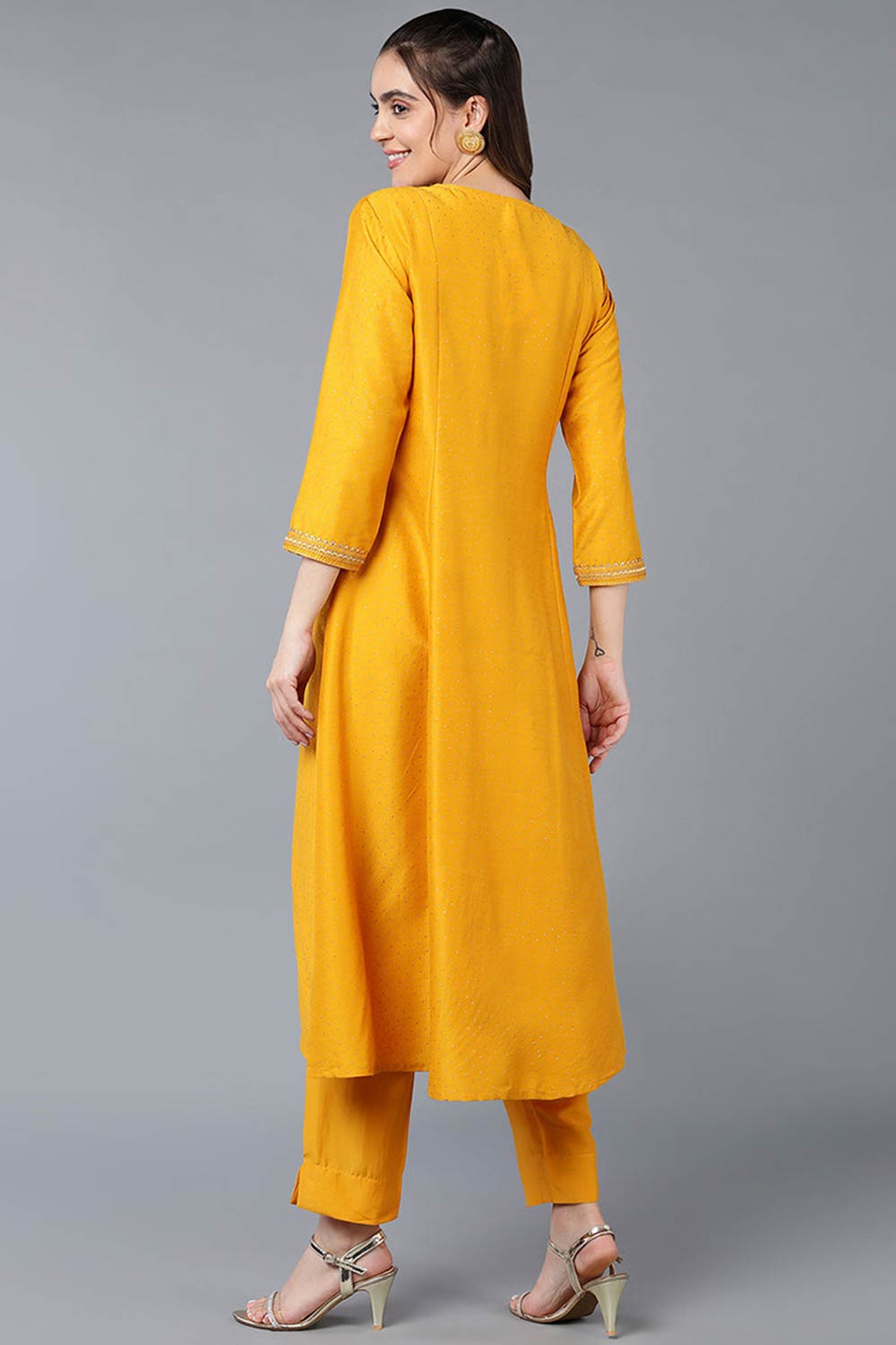 Yellow Silk Blend V Neck KurtI Set