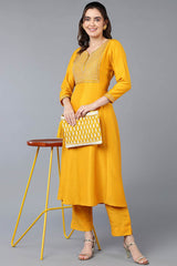 Yellow Silk Blend V Neck KurtI Set