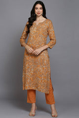 Orange Rayon Floral Print Round Neck KurtI Set