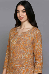 Orange Rayon Floral Print Round Neck KurtI Set