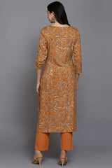 Orange Rayon Floral Print Round Neck KurtI Set