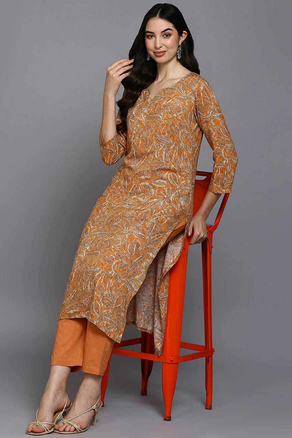 Orange Rayon Floral Print Round Neck KurtI Set