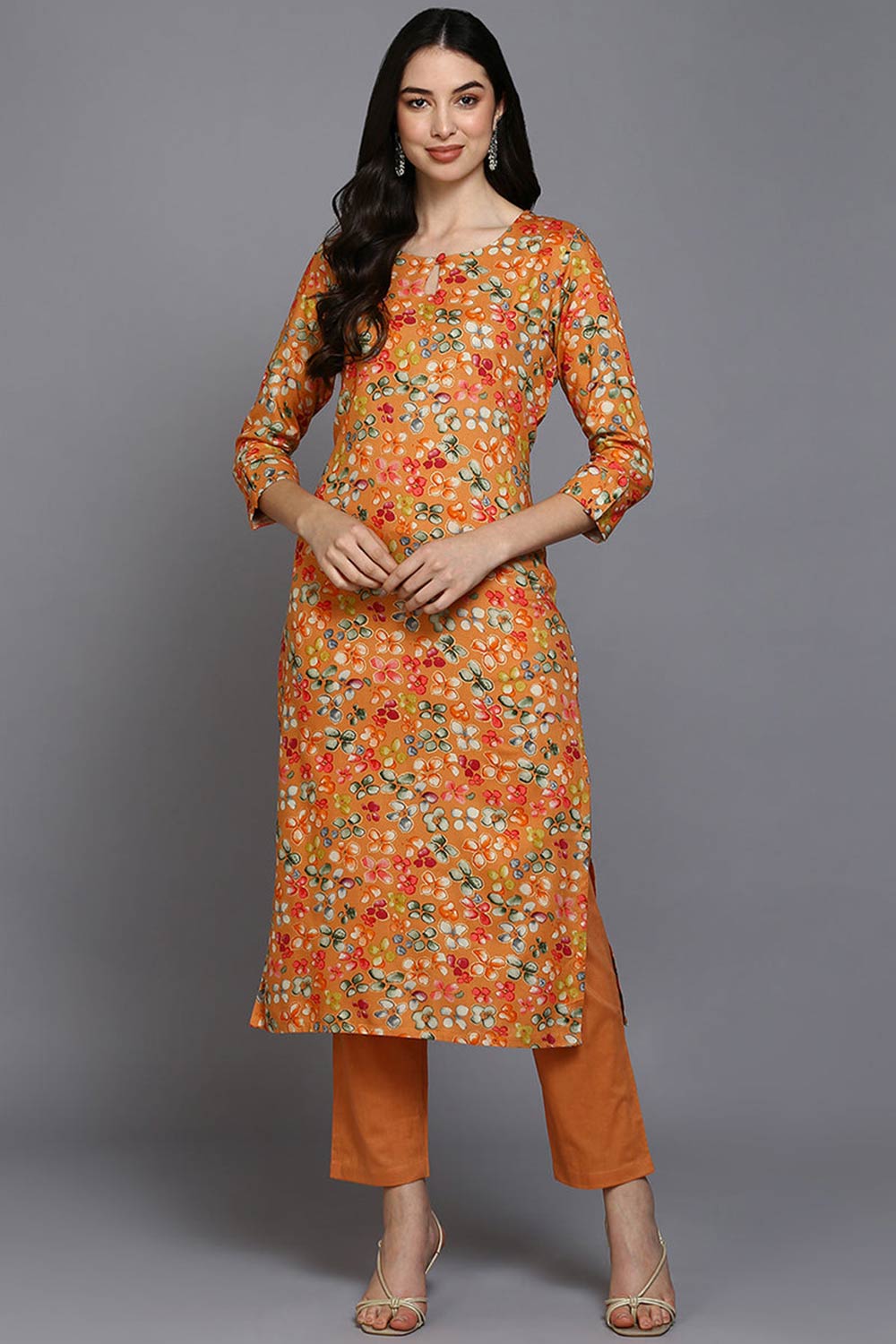 Orange Rayon Floral Straight Fit KurtI Set