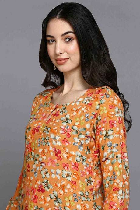 Orange Rayon Floral Straight Fit KurtI Set