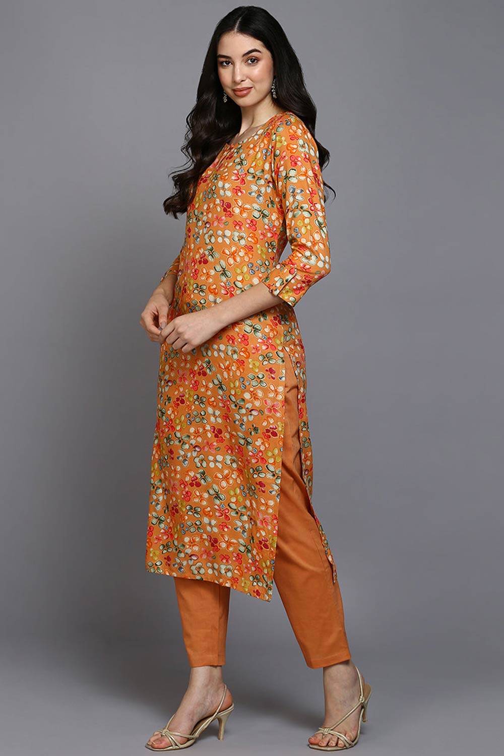 Orange Rayon Floral Straight Fit KurtI Set