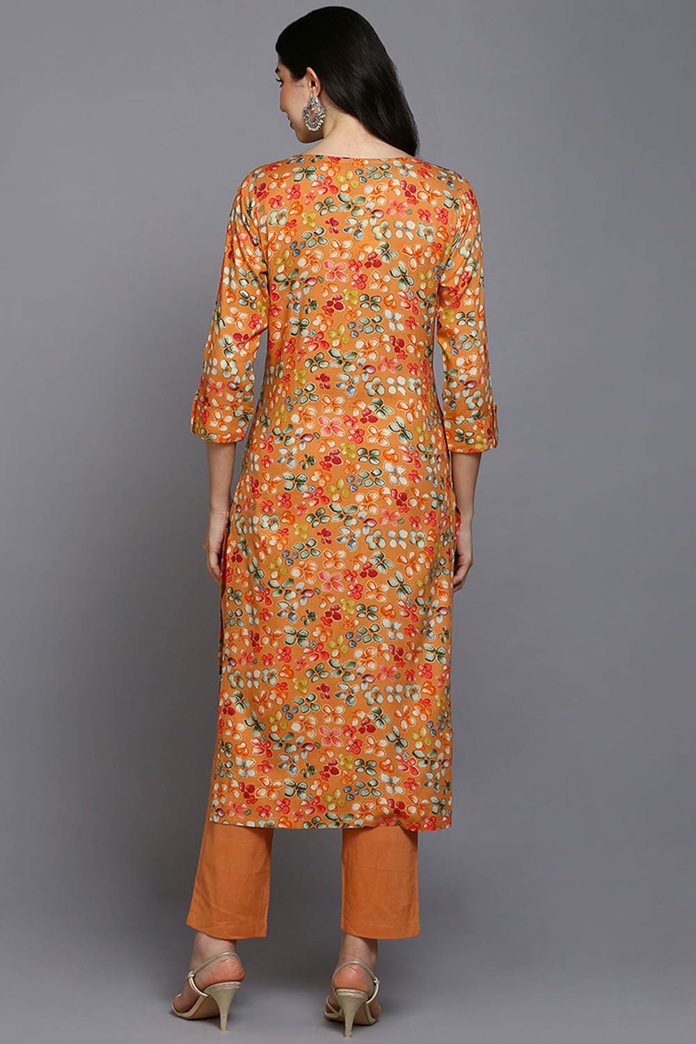 Orange Rayon Floral Straight Fit KurtI Set