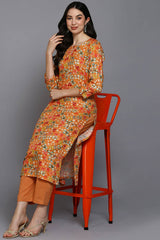 Orange Rayon Floral Straight Fit KurtI Set