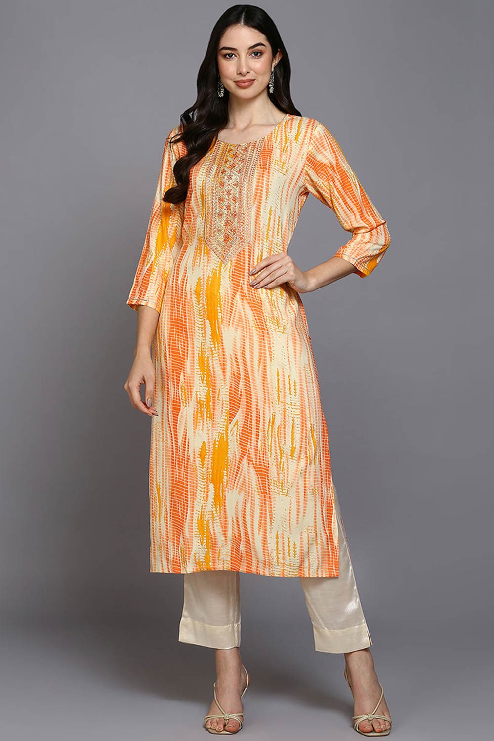 White Rayon Abstract Print Straight Fit KurtI Set