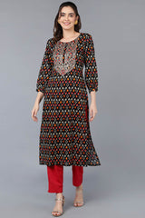 Black Cotton Printed Straight Fit KurtI Set