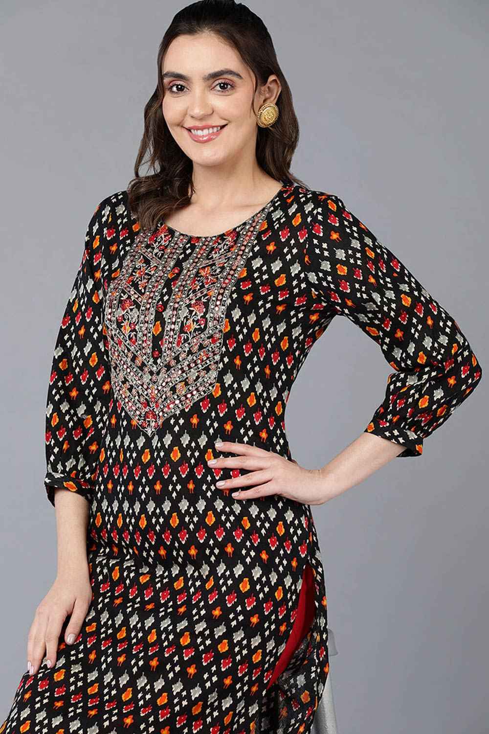 Black Cotton Printed Straight Fit KurtI Set