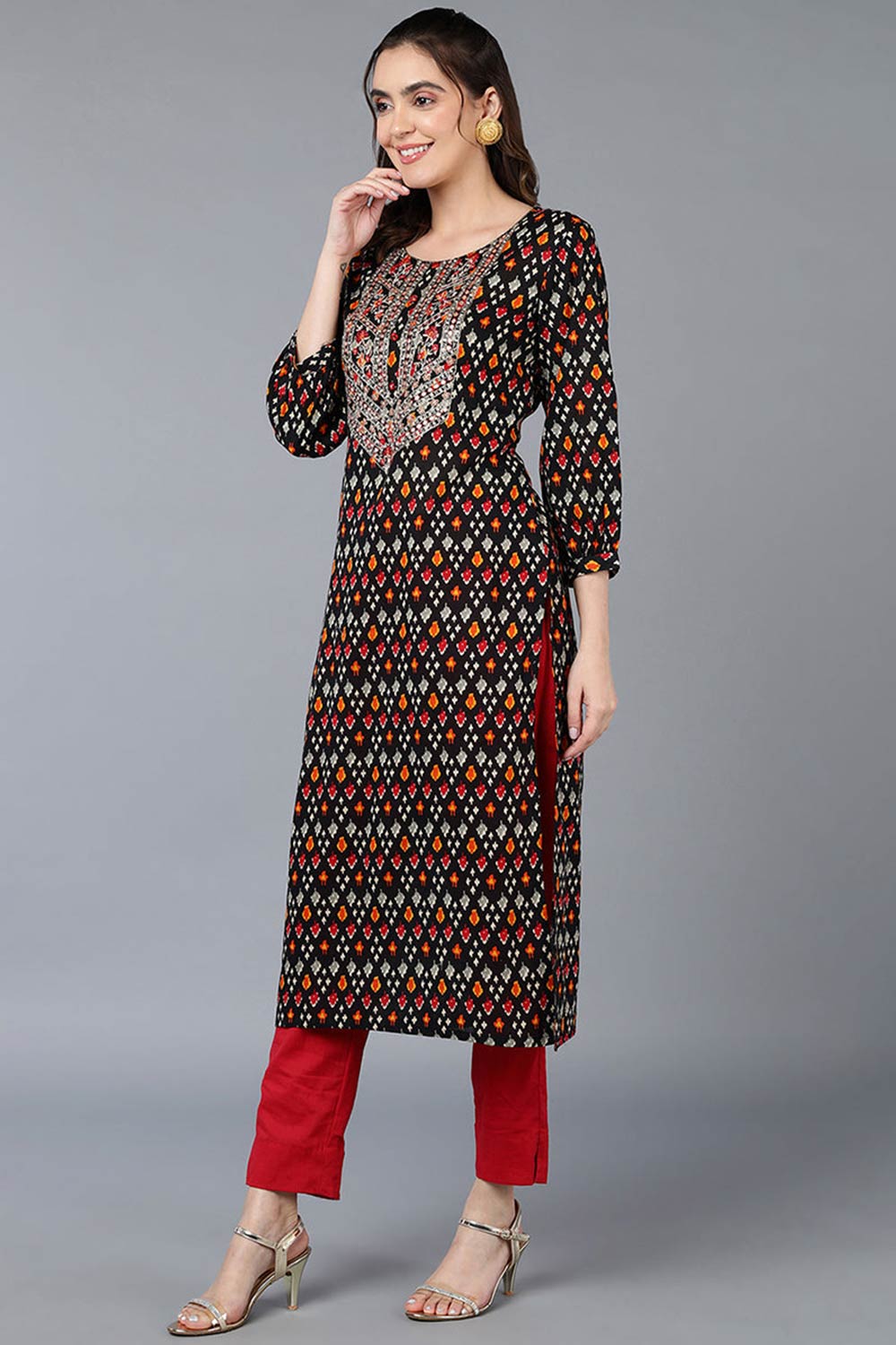 Black Cotton Printed Straight Fit KurtI Set