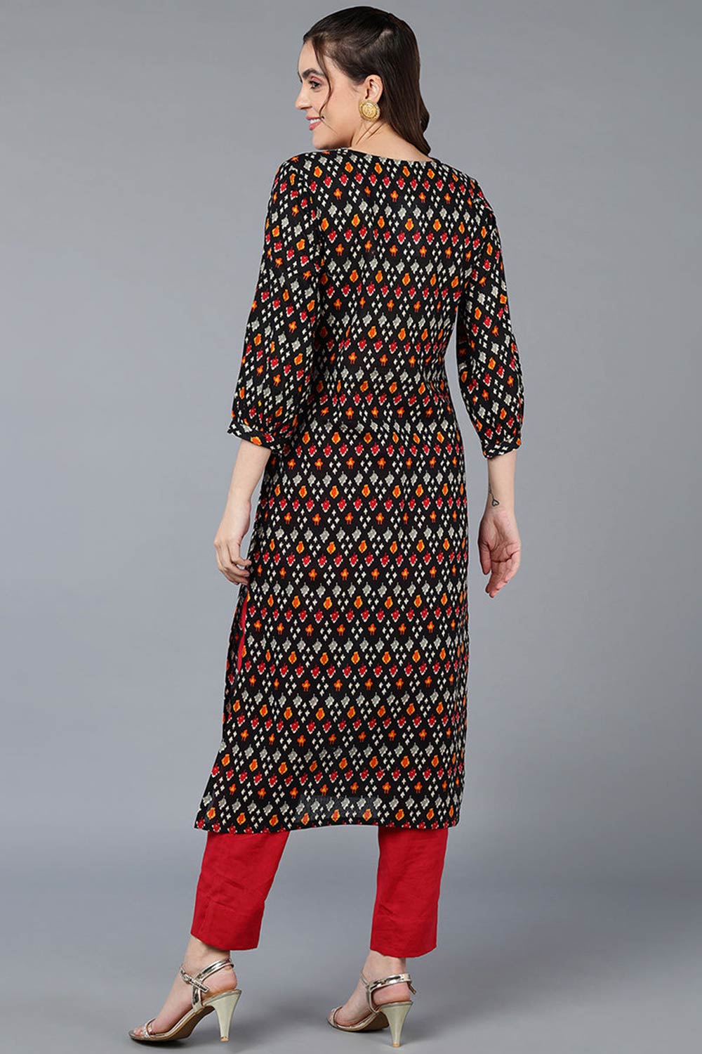 Black Cotton Printed Straight Fit KurtI Set