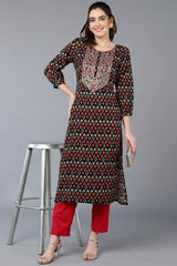 Black Cotton Printed Straight Fit KurtI Set