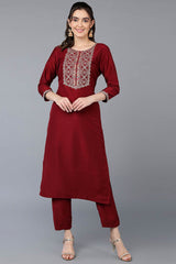 Red Silk Blend Round Neck KurtI Set