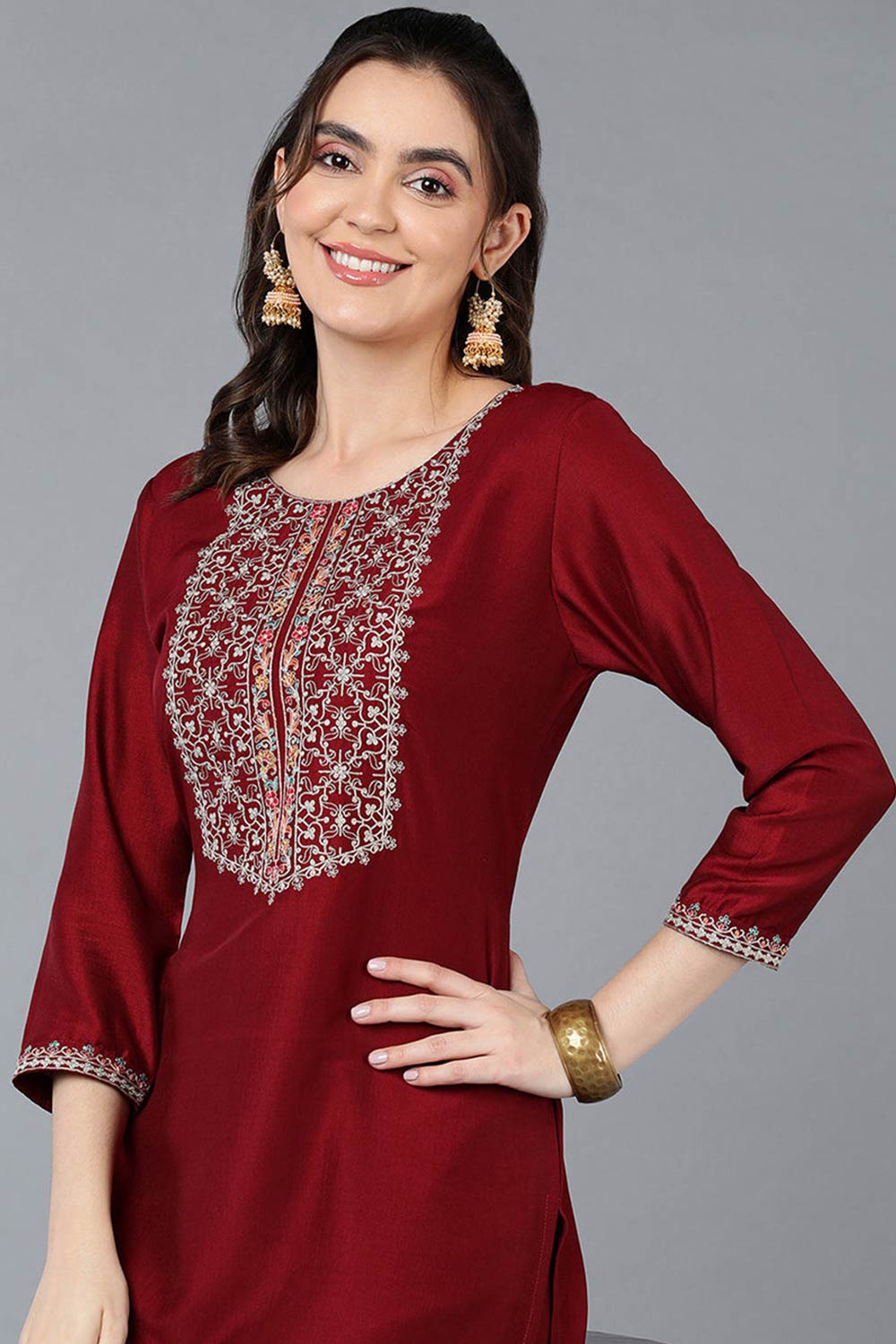 Red Silk Blend Round Neck KurtI Set