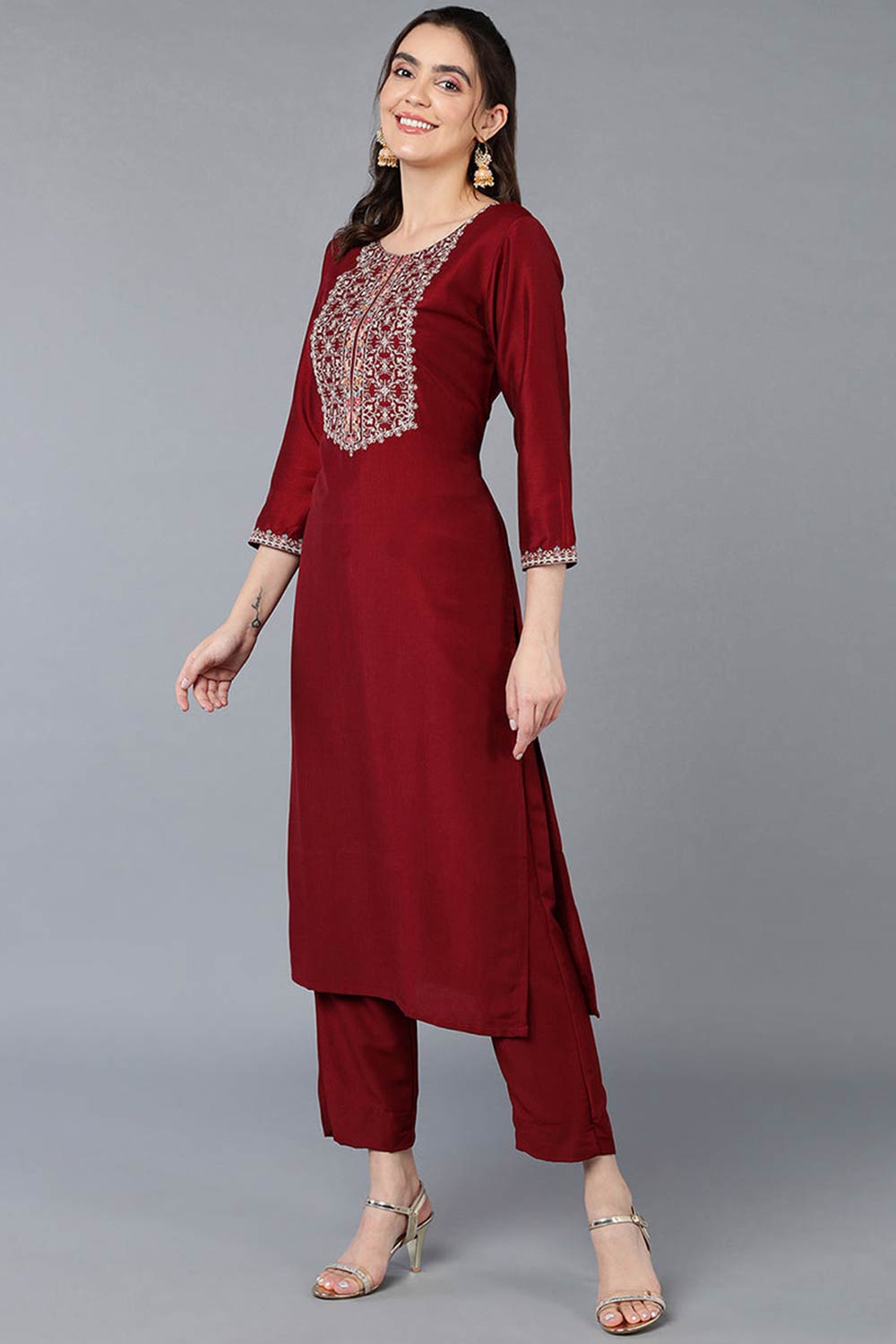 Red Silk Blend Round Neck KurtI Set