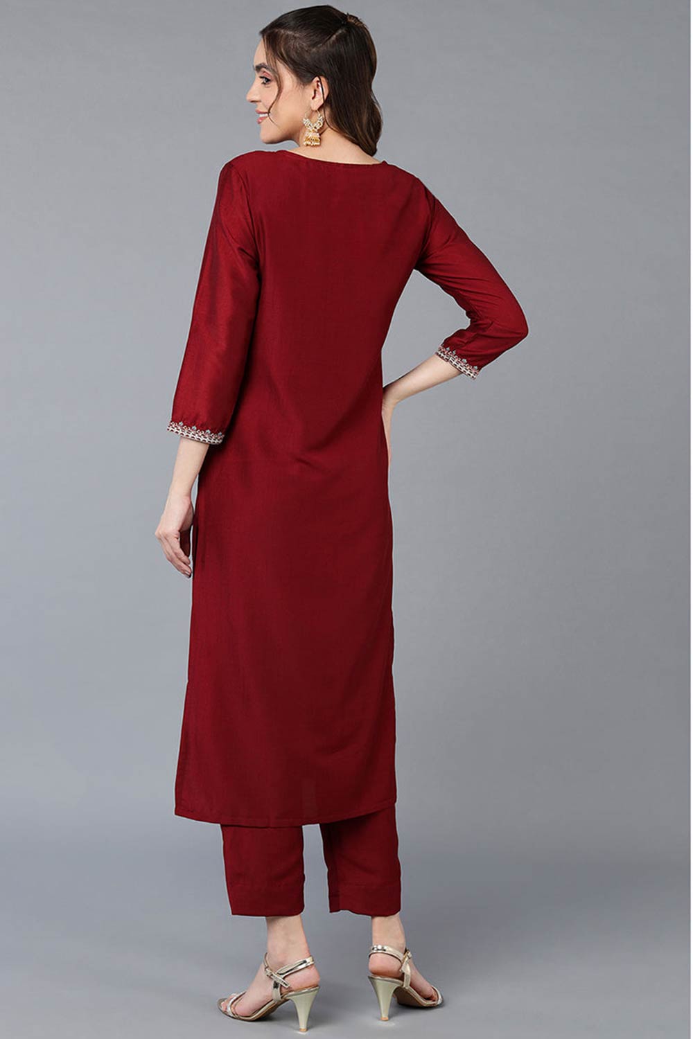 Red Silk Blend Round Neck KurtI Set