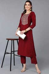 Red Silk Blend Round Neck KurtI Set