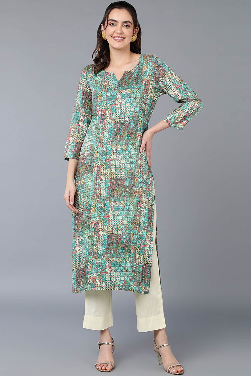 Blue Cotton Blend Embroidered Round Neck KurtI Set