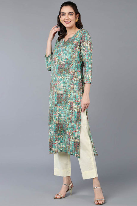 Blue Cotton Blend Embroidered Round Neck KurtI Set