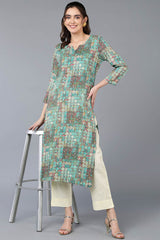 Blue Cotton Blend Embroidered Round Neck KurtI Set