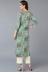 Blue Cotton Blend Embroidered Round Neck KurtI Set