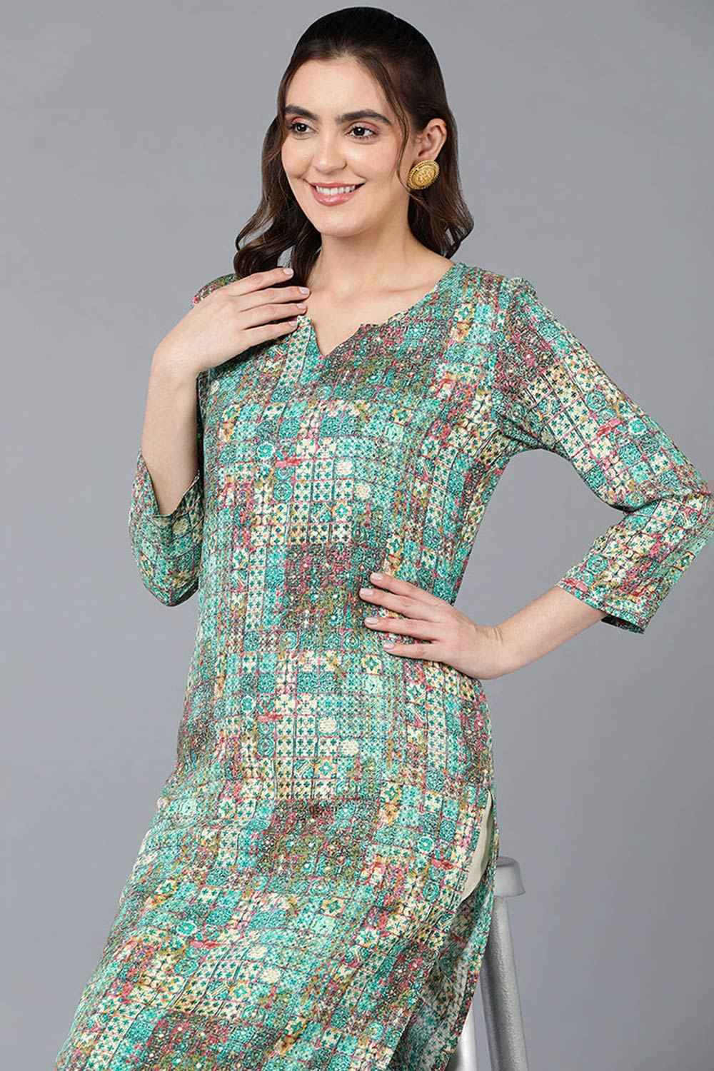 Blue Cotton Blend Embroidered Round Neck KurtI Set