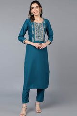 Green Silk Blend Embroidered Round Neck KurtI Set