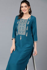 Green Silk Blend Embroidered Round Neck KurtI Set