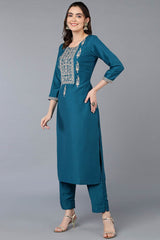 Green Silk Blend Embroidered Round Neck KurtI Set