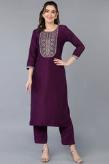 Purple Silk Blend Round Neck KurtI Set