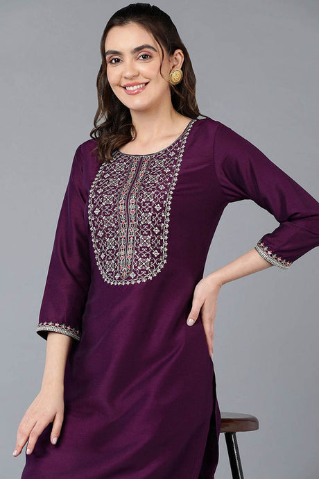 Purple Silk Blend Round Neck KurtI Set