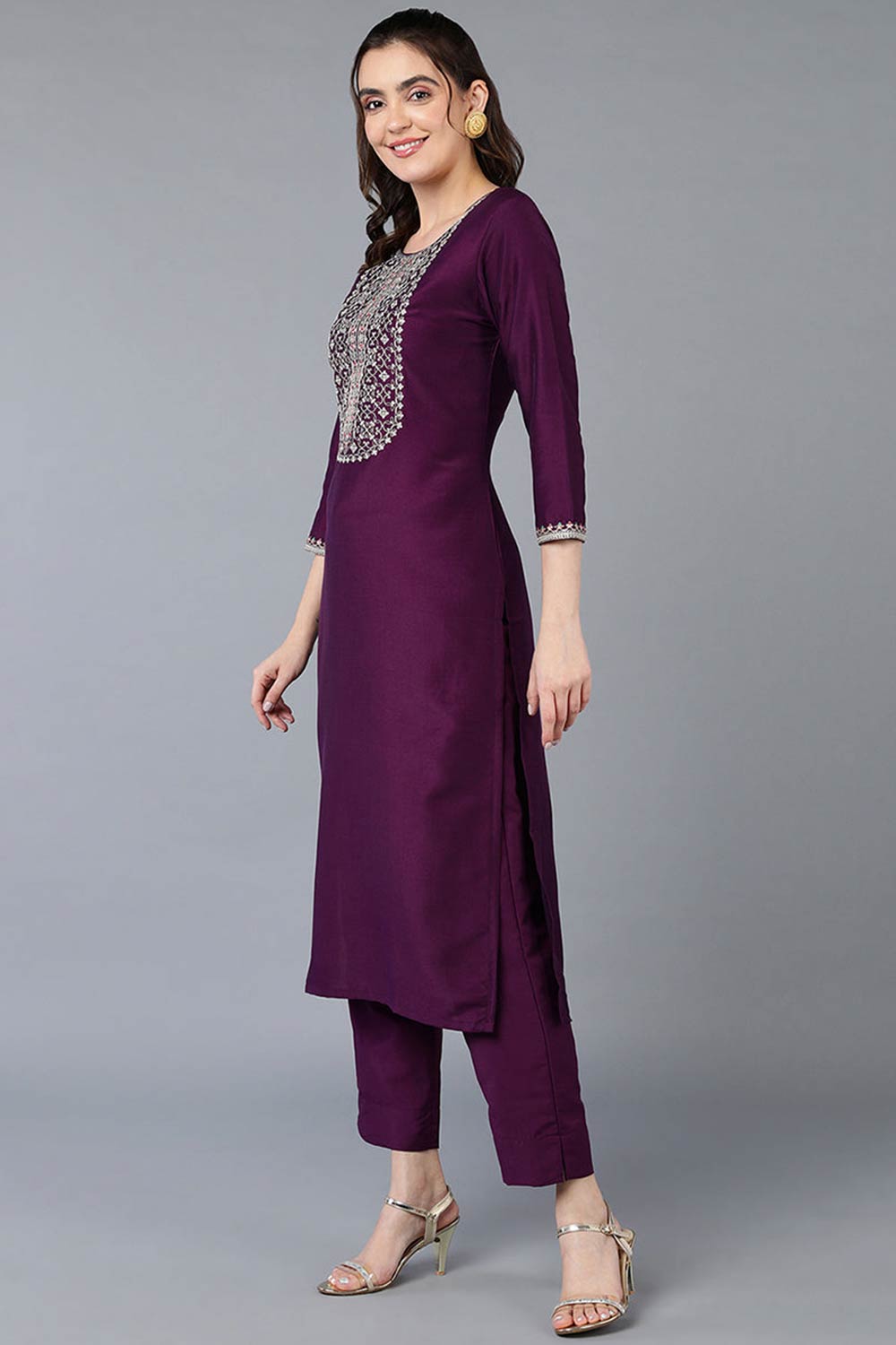 Purple Silk Blend Round Neck KurtI Set