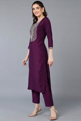 Purple Silk Blend Round Neck KurtI Set