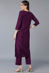 Purple Silk Blend Round Neck KurtI Set