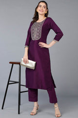 Purple Silk Blend Round Neck KurtI Set