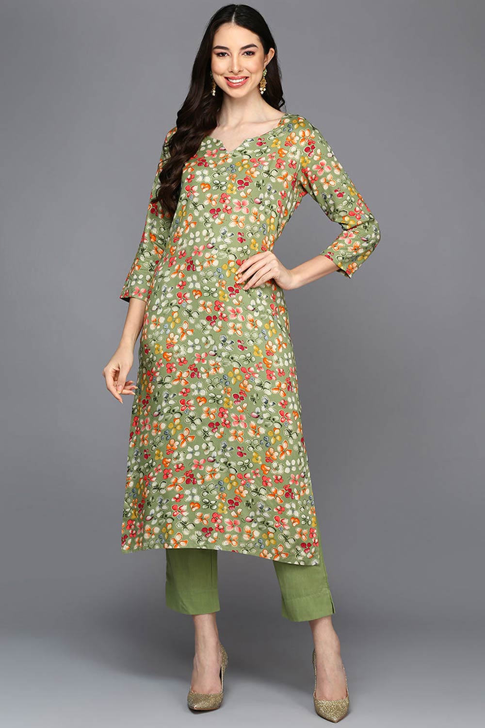 Green Rayon Floral Print Keyhole Neck KurtI Set