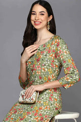 Green Rayon Floral Print Keyhole Neck KurtI Set