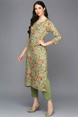 Green Rayon Floral Print Keyhole Neck KurtI Set