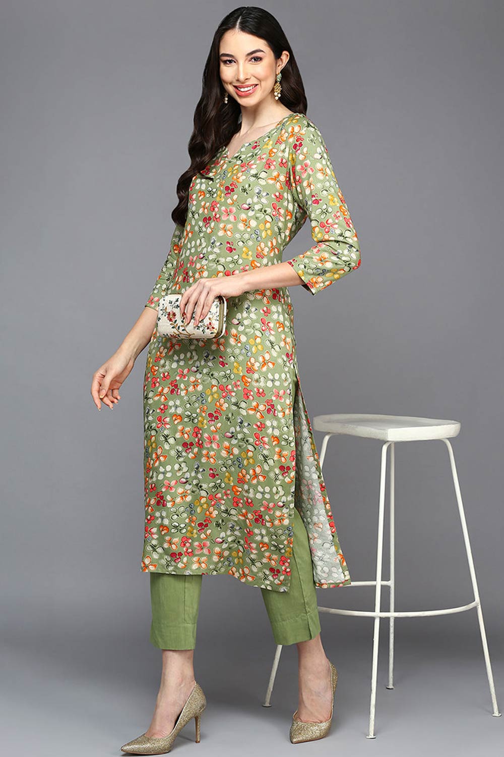 Green Rayon Floral Print Keyhole Neck KurtI Set