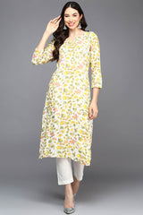 White Rayon Floral Print V Neck Kurta Set