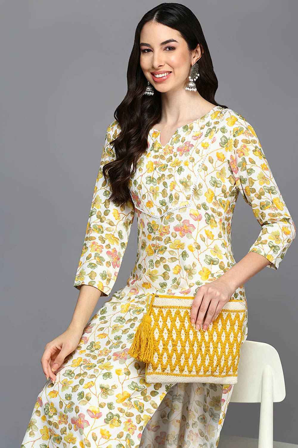 White Rayon Floral Print V Neck KurtI Set