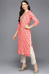 Pink Rayon Bandhani Keyhole Neck Kurta Set