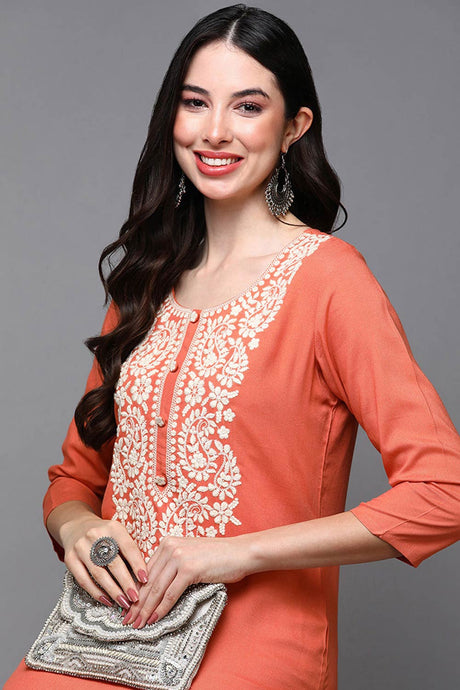 Orange Rayon Round Neck KurtI Set