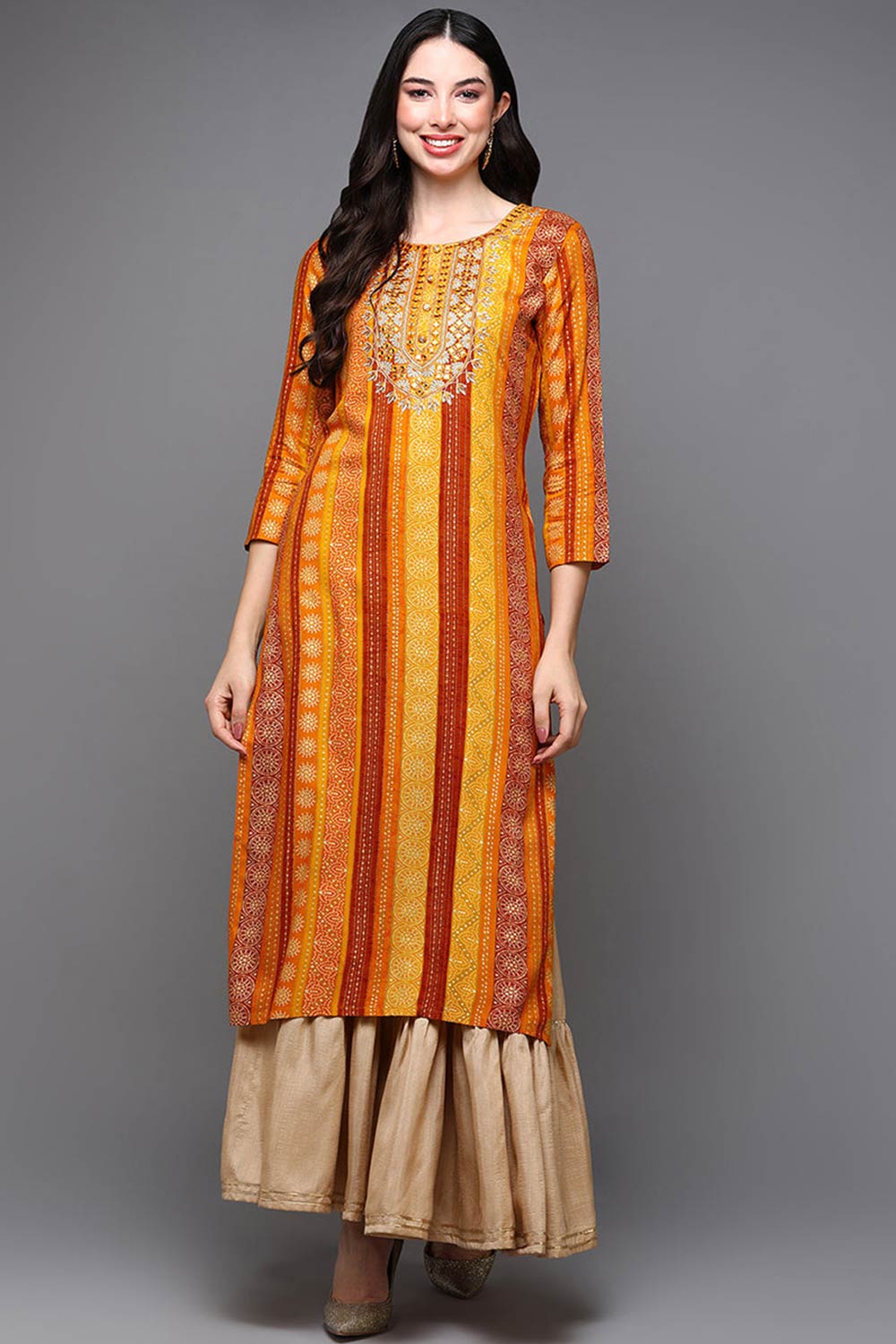 Yellow Rayon Bandhani Round Neck KurtI Set