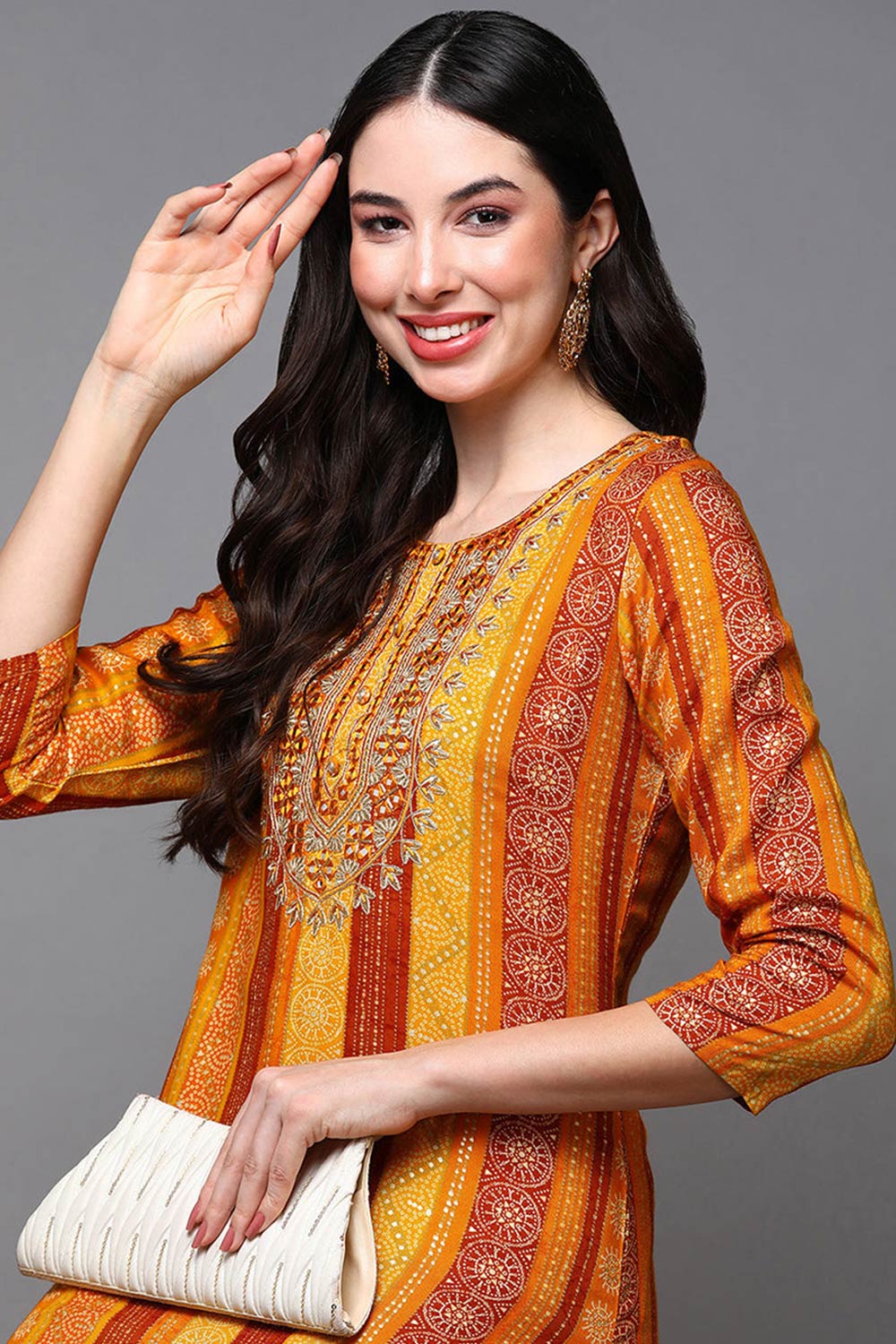 Yellow Rayon Bandhani Round Neck KurtI Set