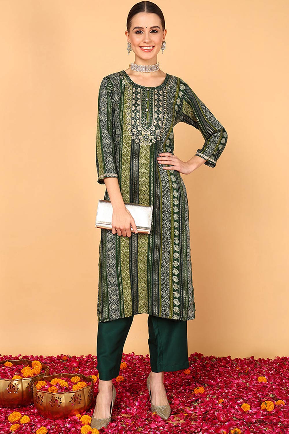 Green Rayon Printed Straight Fit KurtI Set